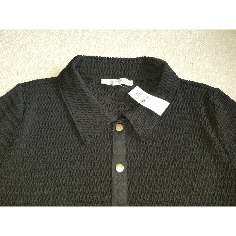 NWT Womens Top-ANN TAYLOR LOFT-black stretch "Smocked Ruffle Hem" shirt ss-L - Picture 3 of 6